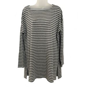 Eileen Fisher Bateau Neck Long Sleeve Striped Tunic Top Dark/Light Heather Gray